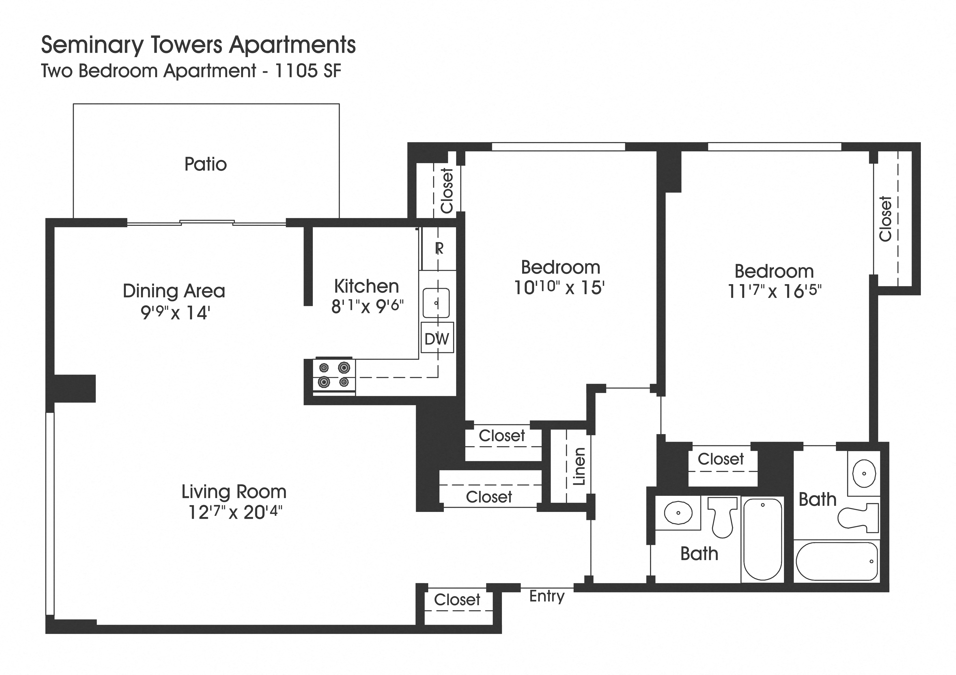 Floor plan for 2 beds, 2 baths, 1105 sqft